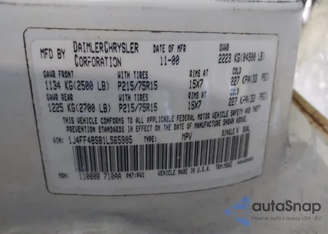 2001 Jeep Cherokee Sport from USA, damaged, VIN 1J4FF48S81L565905